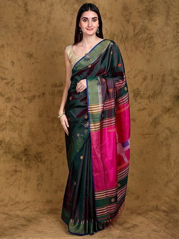 Evergreen Katan Silk Kalakshetra Saree from Bengal with Kantha Bootis and Zari Woven Temple Border