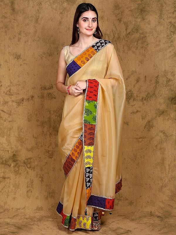 Mellow-Buff Patch Border Saree with Latkan Pallu - Handcrafted by Adivasi Women of Madhya Pradesh