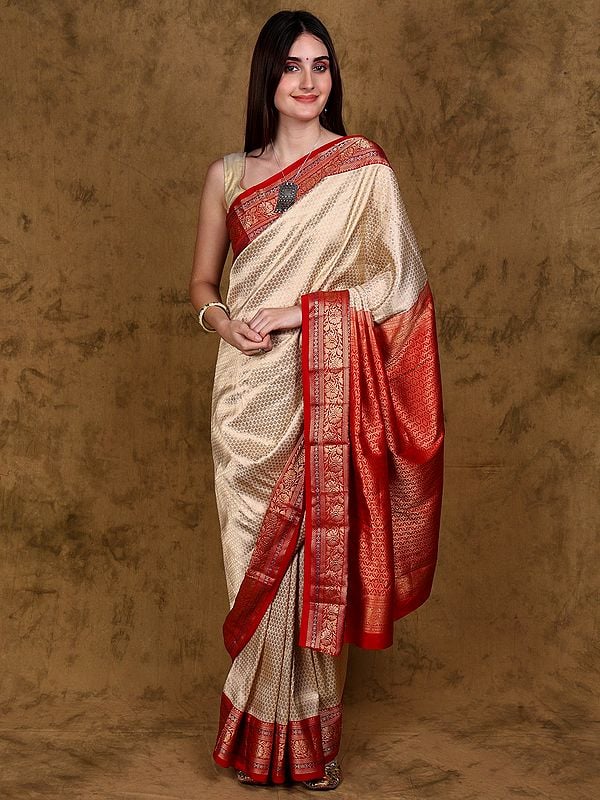 Bleached-Sand Pure Silk Handloom Saree from Bangalore with All-Over Intricate Zari Bootis and Floral Vine Red Border