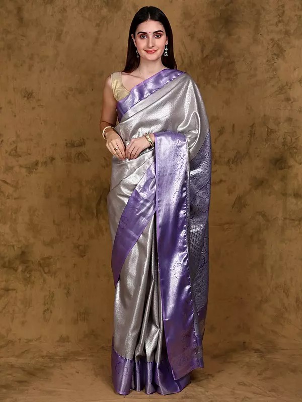 Saree from Bangalore with Woven Motifs in Silver Colored Thread