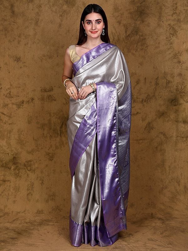 Oyster-Gray Saree from Bangalore with Woven Motifs in Silver Colored Thread