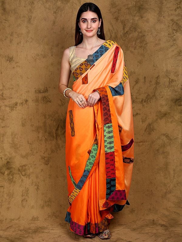 Orange-Peel Dual Shade Art Silk Patchwork Saree - Handcrafted by Adivasi Women of Madhya Pradesh