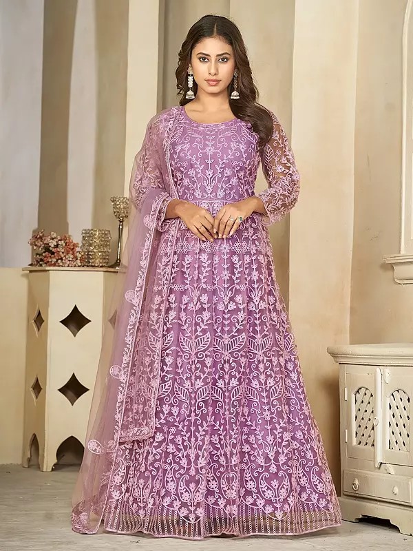 Heavy Floral Embroidery All Over Elegant Net Anarkali Suit With Matching Dupatta