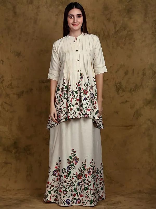 Whisper-White Floral Printed Mandarin Collar Tunic Top with Skirt