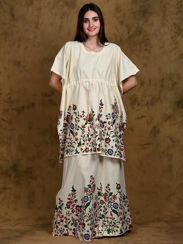 Whisper-White Floral Print Short Kaftan Top and Dori at the Waist With Skirt