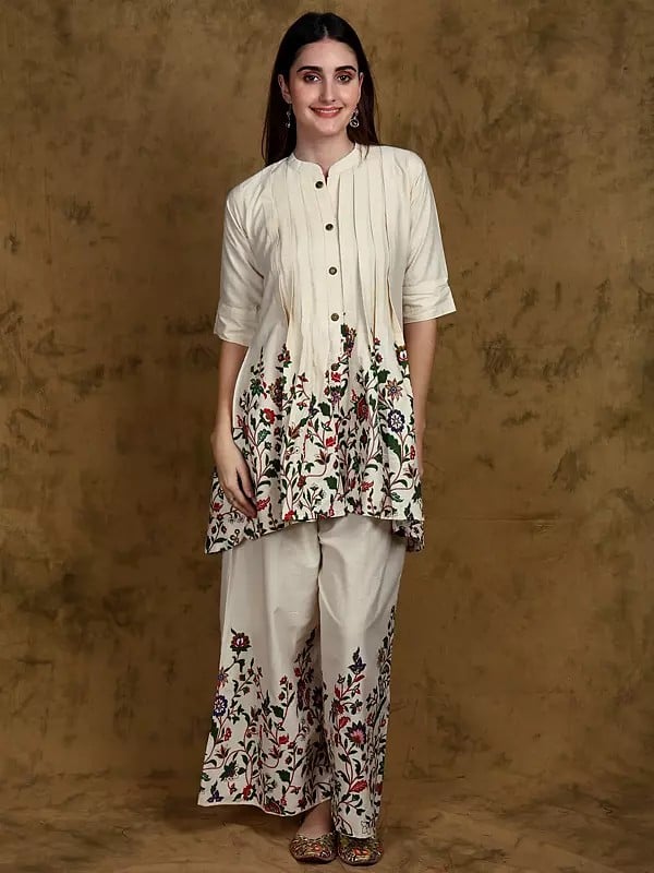 Whisper-White Floral Printed Mandarin Collar Tunic Top and Palazzo Set