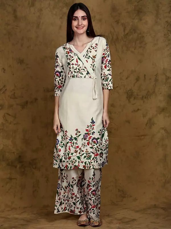 Whisper-White Floral Print Angrakha Style Straight Kurta and Palazzo Set