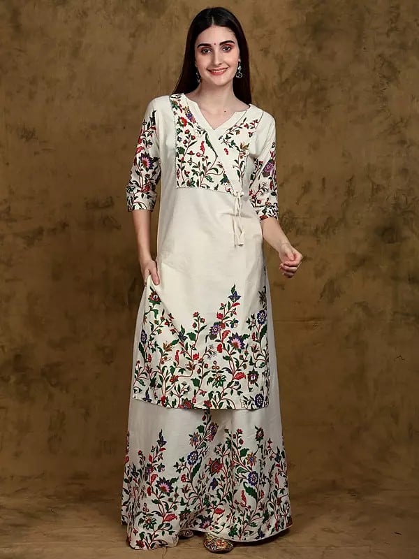 Whisper-White Floral Printed Angrakha Style Straight Kurta and Skirt Set