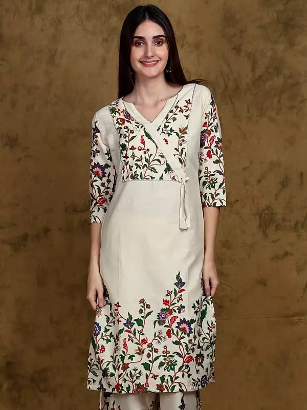 Whisper-White Floral Printed Angrakha Style Straight Kurti