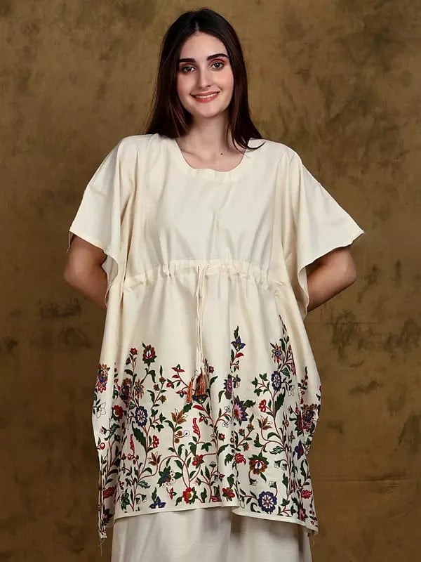 Whisper-White Floral Printed Short Kaftan Top with Dori at the Waist