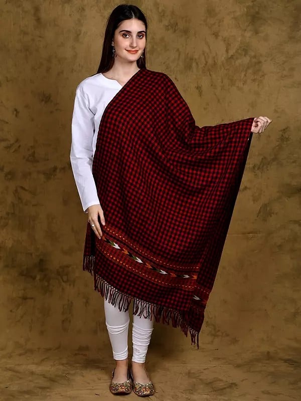 Black and Red Check Handloom Stole from Kullu with Kinnauri Woven Border