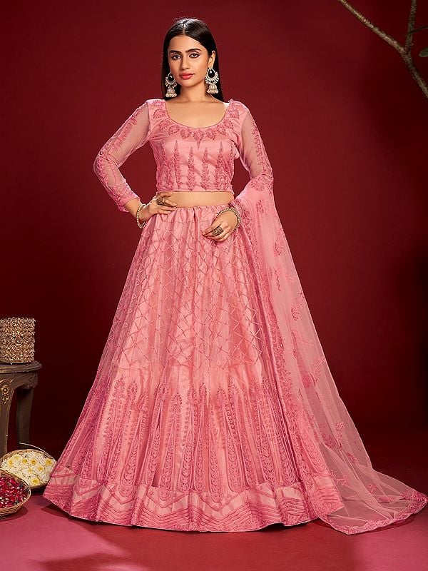 Sea-Pink Embroidery Thread Work Designer Wedding Wear Net Lehenga Choli With Matching Dupatta