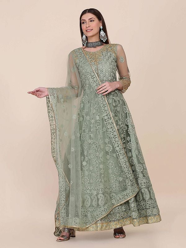 Lemon-Grass Floral Embroidery And Sequins Work Party Wear Net Anarkali Suit With Matching Dupatta