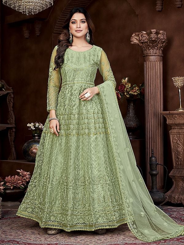 Greenish-Grey Floral Heavy Thread Embroidery And Sequins Work Wedding Wear Net Anarkali Suit With Matching Dupatta