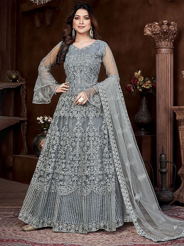 Cool-Grey Heavy Thread Embroidery And Sequins Work Party Wear Net Anarkali Suit With Dupatta