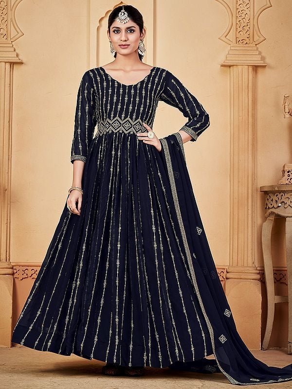 Navy-Blue Golden Embroidery Designer Striped Georgette Anarkali Suit With Matching Net Dupatta