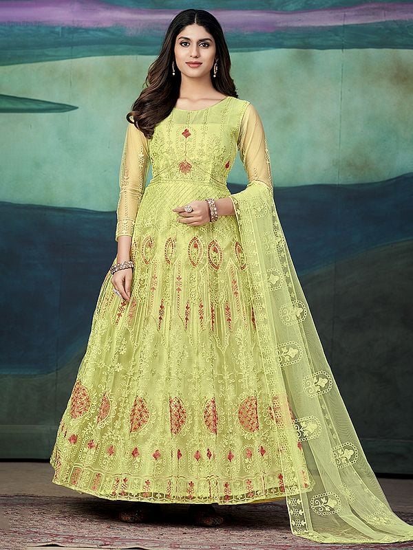 Greenish-Beige Net Festive Wear Anarkali Suit With Embroidery Thread Work And Dupatta