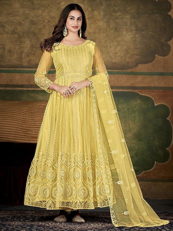 Light-Mustard Attractive Designer Festive Wear Net Anarkali Suit With Embroidery Work And Matching Dupatta