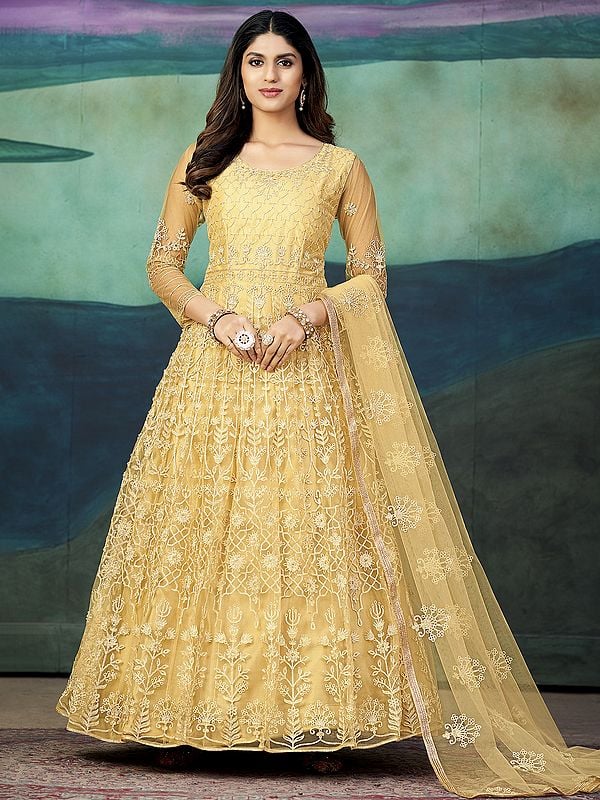 Lightning-Yellow Long Attractive Heavy Embroidery Work Festive Wear Net Anarkali Suit