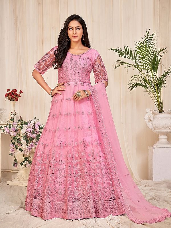 Baby-Pink Net Sequins And Embroidery Work Party Wear With Matching Dupatta