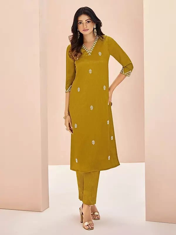 Dark-Goldenrod Embroidery And Handwork V-Neck Chinon Salwar Suit For Casual Occasion