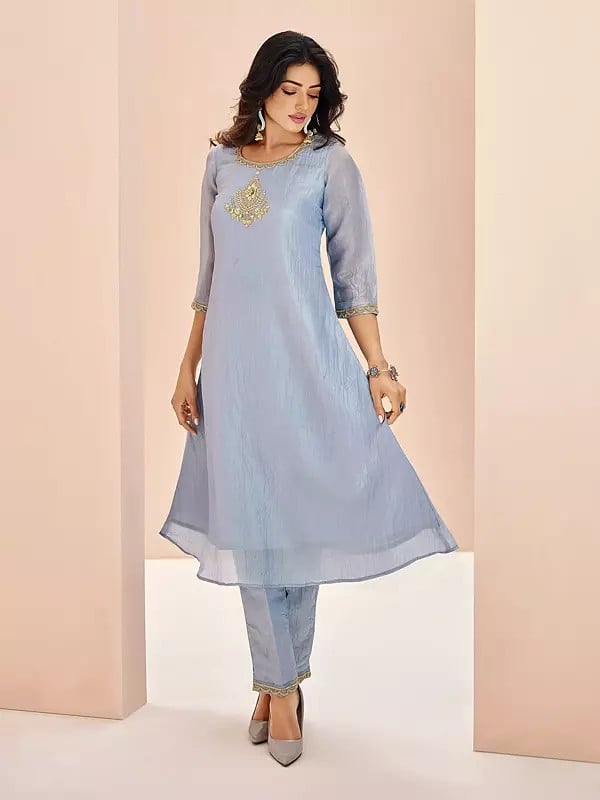 Light-Grey-Blue Golden Embroidery Work On Neck Organza Salwar Suit For Festival Occasion