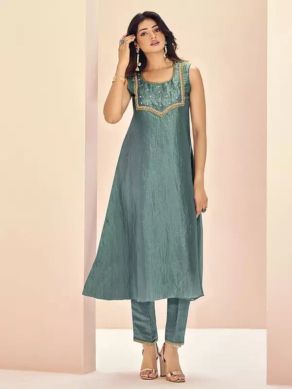 Greyish-Turquoise Embroidery And Sequins Work Designer Organza Salwar Suit