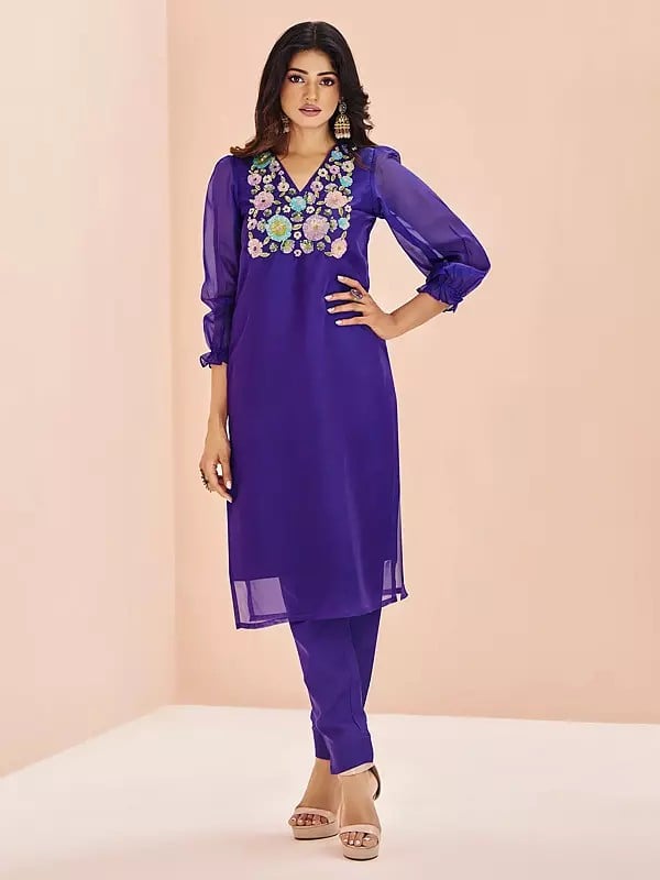 Purple-Monster Floral Embroidery And Sequins Work Organza Salwar Suit For Festival Occasion