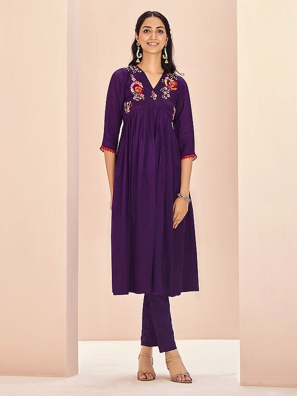 Deep-Violet Chinon Embroidery Work V-Neck Kurti With Bottom For Casual Occasion