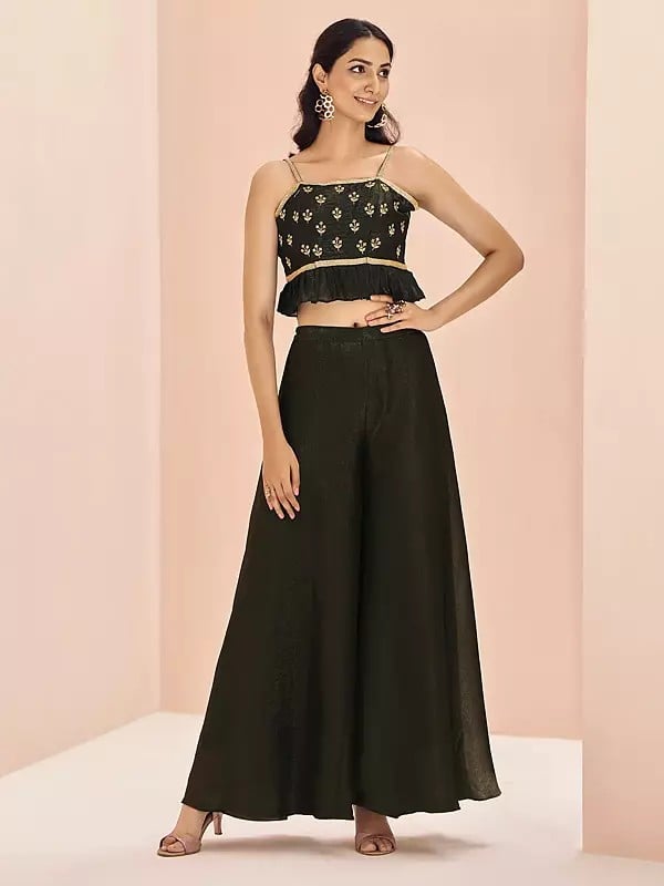 Rangoon-Green Attractive Solid Party Wear Art Silk Crop-Top Palazzo Suit With Floral Motifs