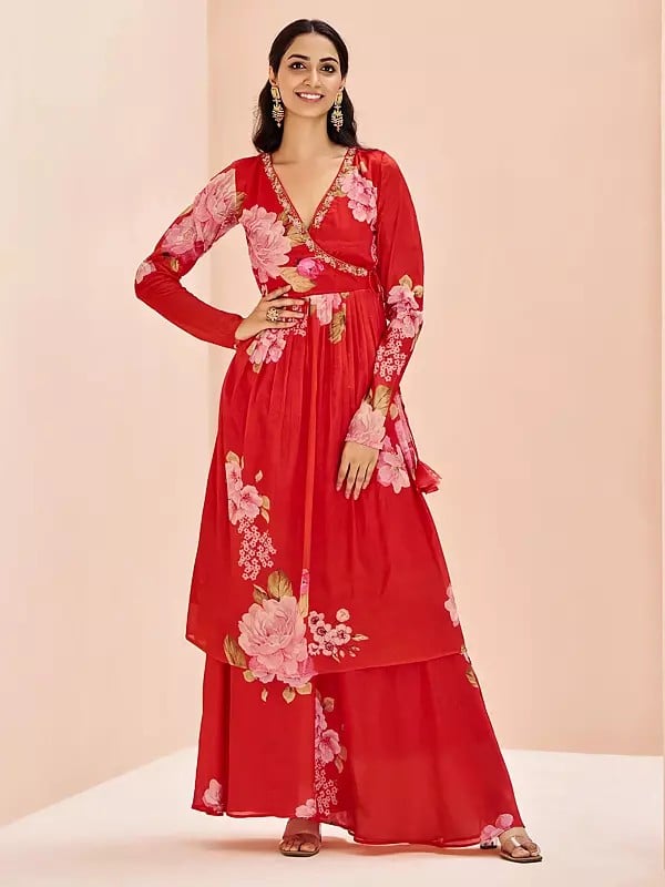 Lava-Red Big Floral Motifs All Over Designer Chinon Palazzo Suit With Tassels For Party Occasion