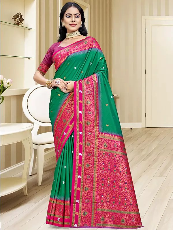 All Over Small Paisleys Woven Motifs Silk Festive Wear Saree With Broad Border