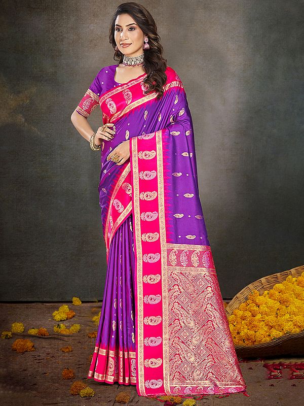 Paisleys Motifs All Over Traditional Festive Wear Silk Saree With Tassels Pallu