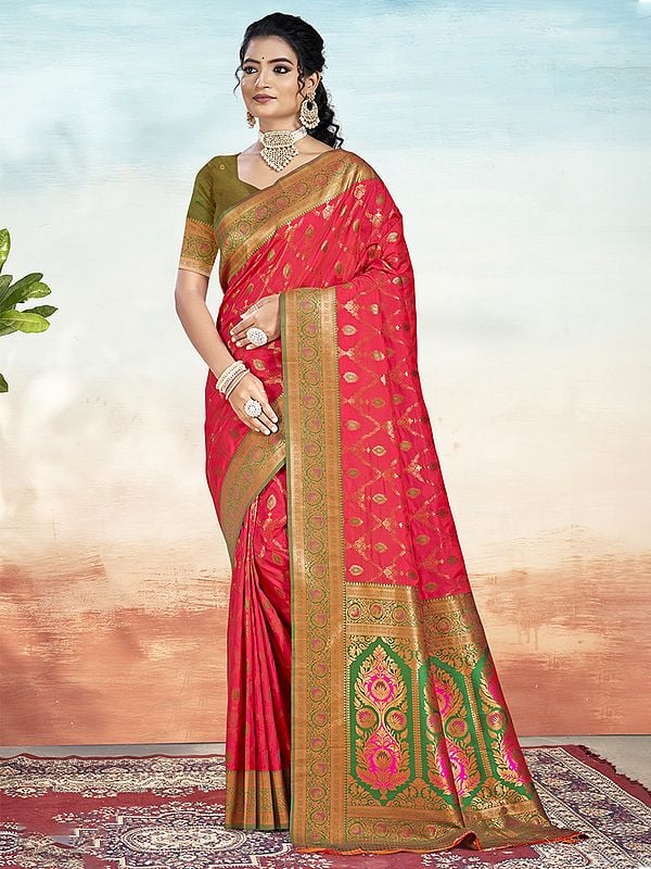 Traditional Silk Saree With Big Leaf Motifs Pallu And Designer Border