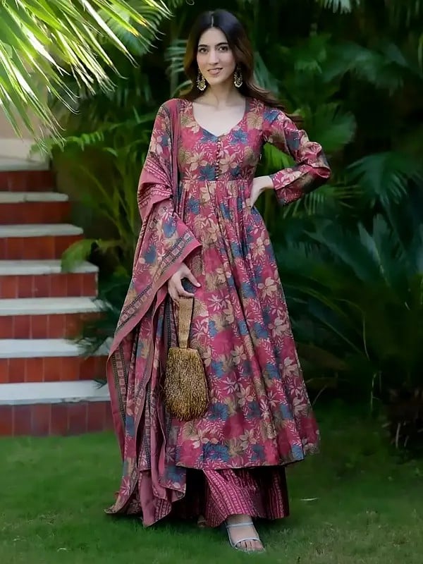 Bashful-Pink Floral Digital Printed Full Flared Festive Wear Pure Muslin Anarkali Suit With Matching Dupatta