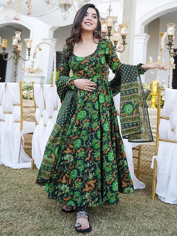 Medium-Sea-Green Attractive Floral Heavy Digital Printed Full Flared Pure Muslin Anarkali Suit With Dupatta