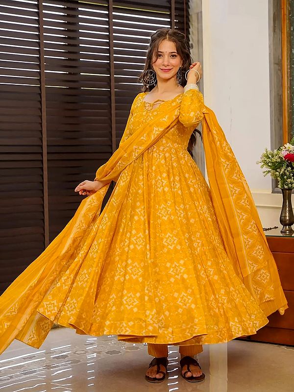 Orange-Gold Attractive Heavy Digital Printed Full Flared Party Wear Pure Muslin Anarkali Suit With Matching Dupatta