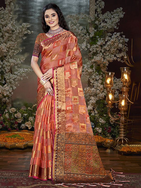 Square Pattern Chanderi Saree For Lady With Attractive Border And Tassels Pallu