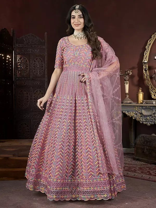 Faded-Pink Party Wear Net Thread Embroidery And Zarkan Designer Gown With Dupatta