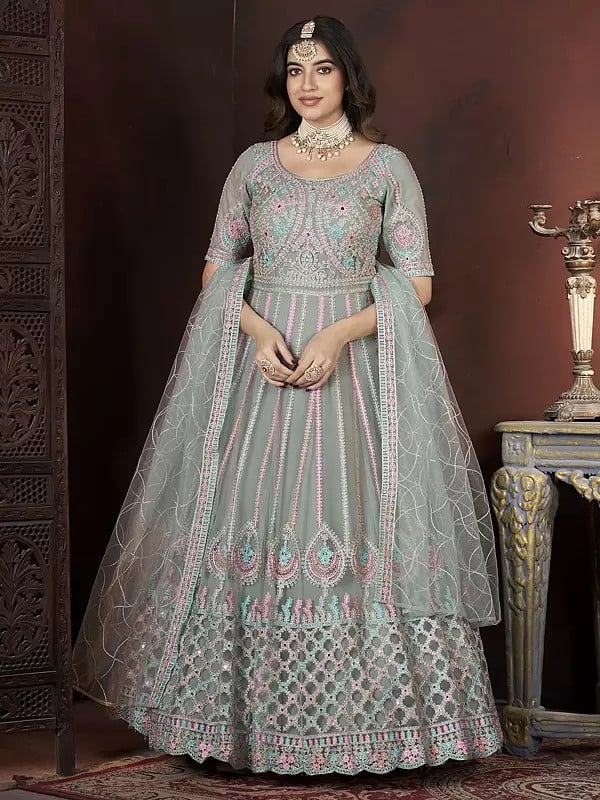 Wedding Wear Net Thread Embroidery And Zarkan-Mirror Work Designer Gown With Dupatta