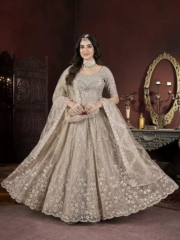 Vanilla Net Heavy Floral Thread With Embroidery And Zarkan-Mirror Work Designer Gown With Dupatta