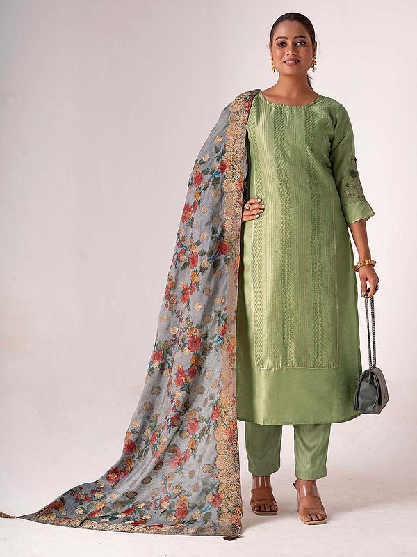 Tussar Silk Green-Smoke Designer Striped Embroidery Work Designer Salwar Suit With Floral Tassels Dupatta