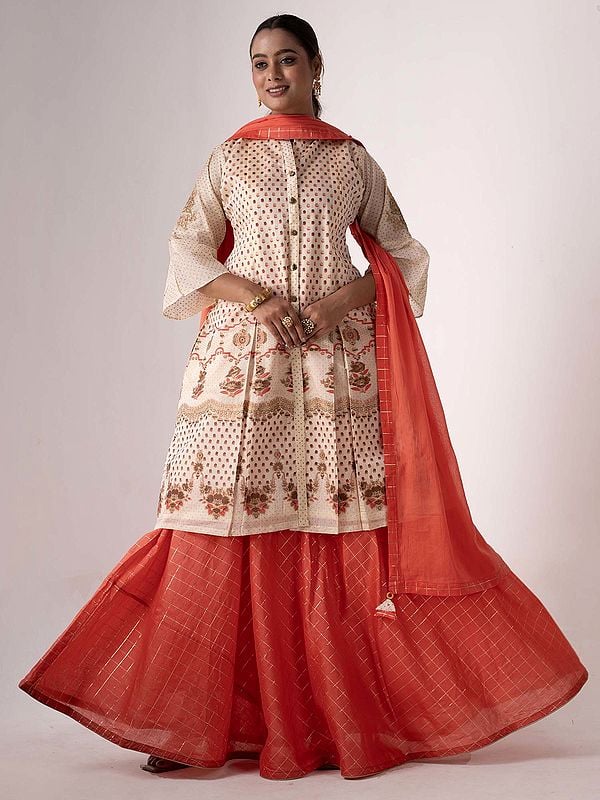 Art Silk Faded-Red Embroidery Work Traditional Kurta With Designer Palazzo And Tassels Dupatta