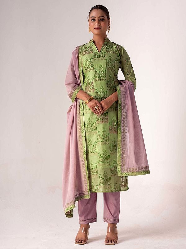 Green-Smoke Embroidery Work Floral Casual Wear Designer Art Silk Salwar Suit Dupatta