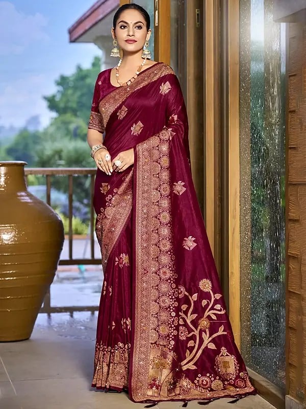 Silk Wide Border Floral Motifs Wedding Wear Silk Saree With Attractive Tassels Pallu