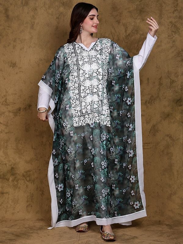 Mallard-Green Floral Printed V-Neck Georgette Long Kaftan with Aari Embroidery