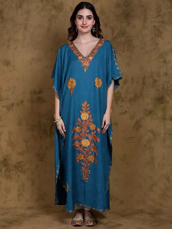 Pagoda-Blue Aari Embroidered Long Kaftan from Kashmir