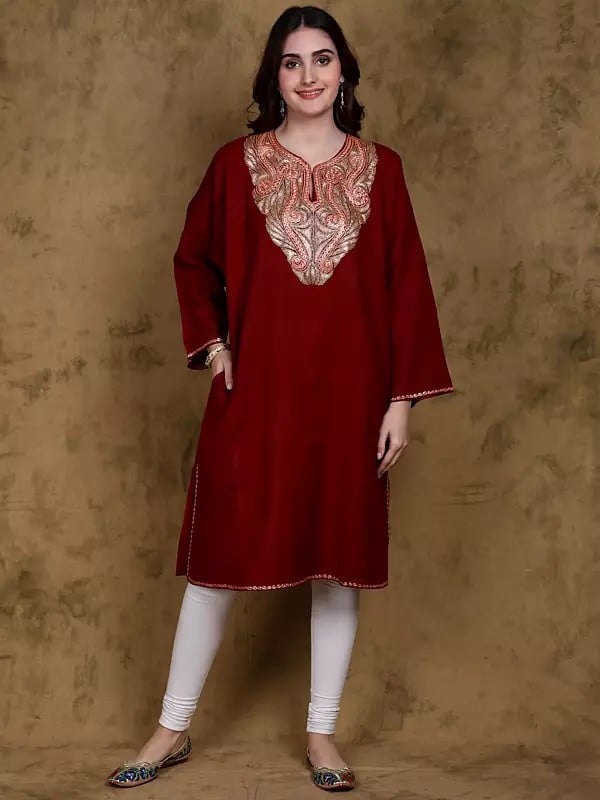 Biking-Red Tilla Embroidered Phiran from Kashmir with Side Pockets