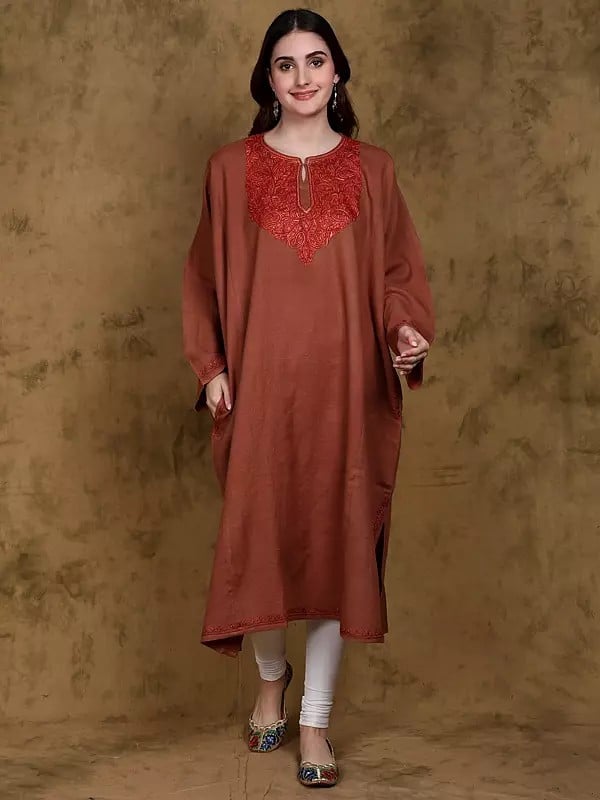 Pecan-Brown Wool Kashmiri Phiran with Paisley Sozni Hand-Embroidery