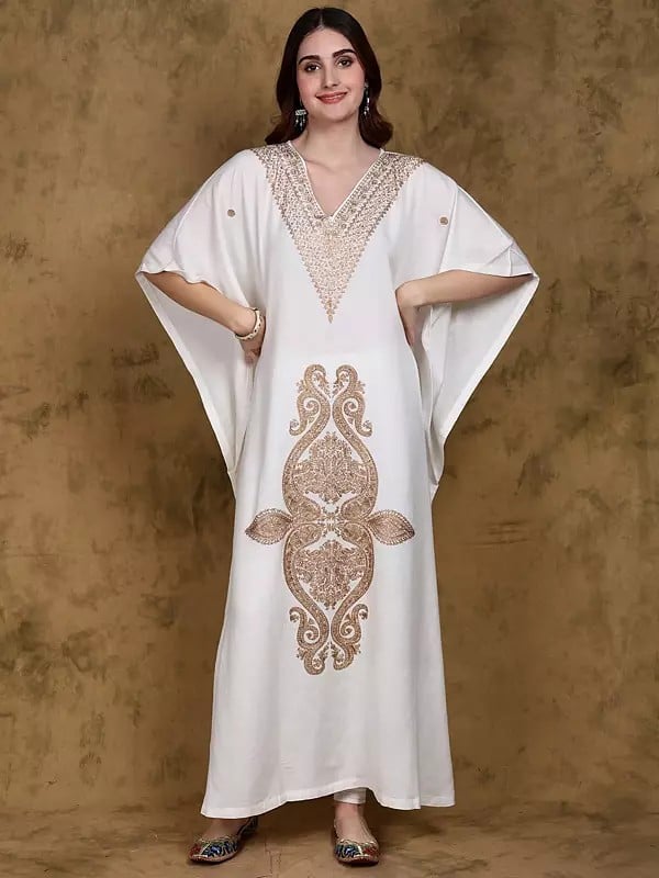 Snow-White Cotton Long Kaftan from Kashmir with Paisleys Aari Embroidery